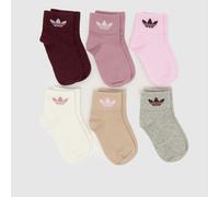 adidas Kids Ankle Socks 6 Pack in Pink & Grey, Logo Detail, Size: 2-3.5 UK 2-3.5