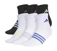 adidas Superlite 3.0 Athletic Quarter Socks Girls Ankle High Fit with Targeted Cushioning and Arch Compression (6 Pairs), Black/White/Half Blue, M