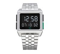 Adidas Watches Archive_M1. Men’s 70’s Style Stainless Steel Digital Watch with 5 Link Bracelet (Silver/Black/Green. 36 mm).