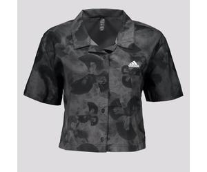 adidas Women's Floral Graphic Crop Woven Polo Shirt, Grey Five/Carbon, M