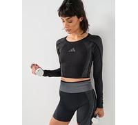 adidas Womens Training Seamless Long Sleeve Crop Top, Black/Grey Six, Size L, Women Black/Grey Six