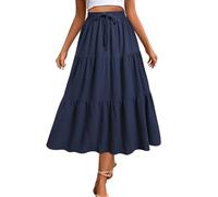 Adigaber Women's Long Skirts Elasticated High Waist Flowy Maxi Skirt Swiss Dot Casual Boho Skirts with Pockets and Drawstring Navy Blue
