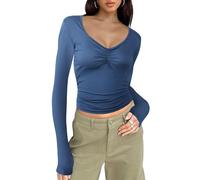 Adigaber Womens Long Sleeve Shirts Square Neck Bodycon Side Pleated Basic T-Shirt Casual Solid Color Slim Fit Tops Navy Blue