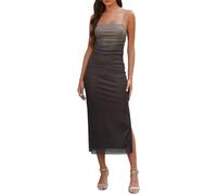 Adigaber Women's Mesh Dress Spaghetti Strap Printed Side Slit Fitted Maxi Dress Coffee