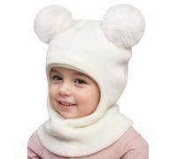 Adigau Autumn Winter Set Head Cap Kids Double Ball Ear Toddler Baby Hat Fleece Balaclava Protection One-Piece Solid Cute Wool Knitted Scarves with Pompom White 36-54cm