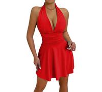 Adigau Ladies Casual Mini Outfits Pleated Backless Dress Solid Color Sleeveless Dresses V Neck Halter Skirts Slimming Clubbing Skirt Red M