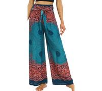 Adigau Ladies Loose Boho Trouser Lightweight Wide Leg Pant Long High Waisted Trousers Elasticated Waist Printed Pants Beach Drawstring Trouser Mediterranean Green One Size