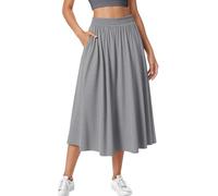 Adigau Ladies Solid Color Mid-Length Maxi Skirt Elegant Elastic Waisted Midi Skirts Daily Stretchy Skirt Plain A-Line Skirts High Waist Midi Skirt with Pockets Light Gray L
