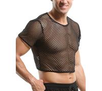 Adigau Men's Fishnet Shirts Hollow Out Tees Top Short Sleeve Mesh Crop Tops Stretchy Muscle Tank Tops See Through Undershirt Round Neck Crop Vest GymTraining Underwear Nightwear Clubwear Black M