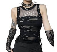 Adigau Slimming Micro See Through Holes Gothic Solid Colour Pullover Stretch Sexy Mesh Hollow Metal Vest Women's Summer Cut Out Sleeveless Bodycon Party Bodysuits Clubwear Black