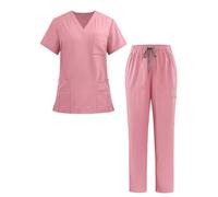 Adigau Uniforms Scrub Set Medical Uniform with Scrub Top Pants Women Scrubs Set Nursing Uniforms Stretch V Neck Scrub Top Pants Esthetician Workwear Hospital Nurse Costume for Pet Groomer Pink XL