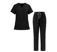 Adigau Uniforms Scrub Set Medical Uniform with Top Pants Casual Suit Slim Fit Solid Colour Sports V Neck Nurse Working T Shirts Trousers Pockets Healthcare Carers Tops Nursing Workwear Black L