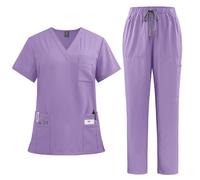 Adigau Uniforms Scrub Set Workwear Nurse Top Pants with Pockets Womens Work Clothing Short Sleeve Suit for Beauty Salon Spa Nursing Stretchy Breathable Medical Scrubs Tunic Set Purple XL