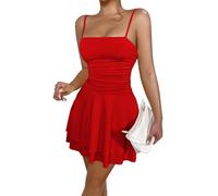 Adigau Woman's Pretty Mini Dresses Fashion Bodycon Outfits Simple Spaghetti Strap Outfit Pleated Ruffle Skirts Sexy Slim Fit Dress Red XS