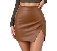 Adigau Women Office PU Leather Skirts Pretty Thin Velvet Lining Short Dress Solid Color Side Slit Miniskirts Waterproof Stretchy Miniskirt Y2K Wrap Skirt Tight High Waisted Skirts Brown L
