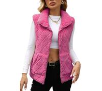 Adigau Women's Basic Fleece Vest Work Sleeveless Gilets Short Zipper Jacket Simple Lightweight Tops Classic Fuzzy Waistcoat Plus Size Waistcoats with Pocket Pink S