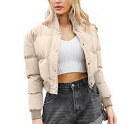 Adigau Women's Cropped Puffer Jacket Quilted Padded Short Coat Winter Short Puffer Jacket Zip Up Warm Coat Long Sleeve Stand Collar Down Jacket Casual Puffer Coat Outwear Khaki XL