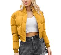 Adigau Women's Cropped Puffer Jacket Winter Padded Down Coat Quilted Zip Up Jacket Long Sleeve Puffer Coat Casual Warm Short Down Jacket Stand Collar Puffer Coat Ladies Outwear Yellow L