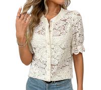 Adigau Women's Cute Short Sleeve Tops Pretty Button Down Blouse Spring Round Neck Blouses Holidays Lace Top Summer Collarless Shirt Apricot S