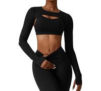 Adigau Women's Long Sleeve Crop Tops Cutout Workout Bolero Shrug with Thumb Holes Yoga Sports Tee Wearproof Round Neck Casual Cropped Sweatshirts Black XL