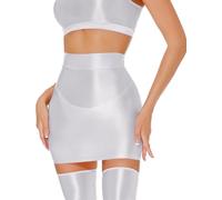 Adigau Women's Sexy Shiny See Through Glossy Mini Skirt - Elastic High Waist Bodycon Pencil Wet Look Slim Fit - Plain Hip Short Party Nightclub Clubwear White L