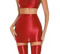 Adigau Women's Sexy Shiny See Through Mini Skirt - Elastic High Waist Bodycon Pencil Style - Wet Look Slim Fit Plain Hip Short - Party Nightclub Clubwear - Red L