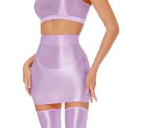 Adigau Women's Sexy Shiny Skirt Sheer See Through Glossy Mini Skirt Elastic High Waist Bodycon Pencil Skirts Wet Look Skirts Party Nightclub Clubwear Light Purple M