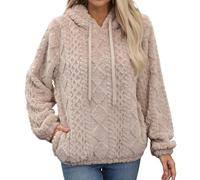 Adigau Womens Solid Color Fleece Hooded Pullover Thermal Long Sleeve Pullovers Cute Fuzzy Jumper Warm Jacquard Jumpers Elegant Drawstring Sweatshirt Fashion Hooded Sweatshirts With Pocket Apricot L