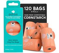 Adios - Compostable Dog Poop Bags, 120 Count (8 Rolls) - Coral Colour - Extra Thick, Leakproof, Odour Proof Dog Waste Bags - Made from Compostable Cornstarch - Easy Tear Rolls