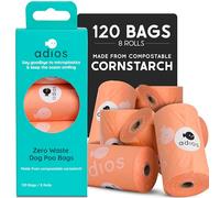 Adios Plastic Biodegradable Dog Poop Bags - Extra Thick Compostable Dog Poo Bags Made from Highest Rated EN13432 Certified Cornstarch | Leak Proof Dog Waste Bags in Coral Colour | 8 Rolls, 120 Bags