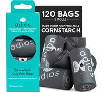 Adios - Compostable Dog Poop Bags, 120 Count (8 Rolls) - Grey Colour - Extra Thick, Leakproof, Odour Proof Dog Waste Bags - Made from Compostable Cornstarch - Easy Tear Rolls