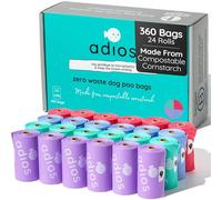 Adios - Compostable Dog Poop Bags, 360 Count (24 Rolls) - Rainbow Colours - Extra Thick, Leakproof, Odour Proof Dog Waste Bags - Made from Compostable Cornstarch - Easy Tear Rolls, Packaging May Vary