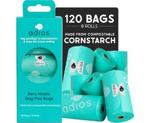 Adios Plastic Biodegradable Dog Poop Bags - Extra Thick Compostable Dog Poo Bags Made from Highest Rated EN13432 Certified Cornstarch | Leak Proof Dog Waste Bags in Mint Colour | 8 Rolls, 120