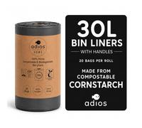 Adios Plastic Compostable 30L Bin Liners with Handles | Roll of 20 Bags | Certified Home Compostable | 23 Microns Thick | Plastic-Free | Star-Sealed Leak Resistant Bin Bags