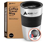 AdirChef Travel Coffee Mug 15 Oz - Insulated BPA Free Stainless Steel Vacuum Tumbler w/ Spill Proof Slide Lid for Hot/Cold Drinks Great for Outdoor, Driving, Home or Office Use (Black)