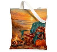 Adirondack Chair Canvas Tote Bag, Rustic Cozy Pumpkins Campfire Fall Orange Everyday Tote Bags 13x15 Inch, Orange, 13x15 Inch