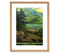 Adirondack Mountains Lake Placid Lakeside Forest Nature Landscape Illustration Travel Poster Framed Wall Art Print Picture 12X16 inch Artery8 Light Oak One Size