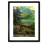 Adirondack Mountains Lake Placid Lakeside Forest Nature Landscape Illustration Travel Poster Framed Wall Art Print Picture 12X16 inch Artery8 Black One Size