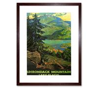 Adirondack Mountains Lake Placid Lakeside Forest Nature Landscape Illustration Travel Poster Framed Wall Art Print Picture 12X16 inch Artery8 Brown One Size
