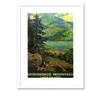 Adirondack Mountains Lake Placid Lakeside Forest Nature Landscape Illustration Travel Poster Framed Wall Art Print Picture 12X16 inch Artery8 White One Size
