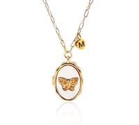 AditiGarden Dainty 14K Gold Mother of Pearl Butterfly Locket Necklace with Initial Charm Paperclip Chain Personalized Gift for Women, Regular, Brass, Cubic Zirconia