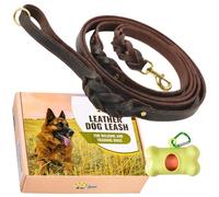 ADITYNA - Double Handle Leather Dog Leash 6ft - Heavy Duty Braided Dog Leash with Traffic Handle for Mastiff, Saint-Bernard, Rottweiler - Lead for Extra-Large Breeds (Brown, Two Handles 6 Foot x 1")