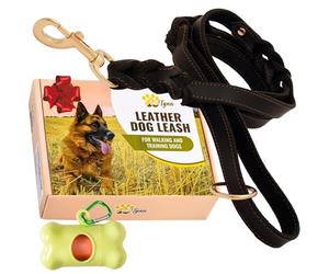 ADITYNA - Double Handle Leather Dog Leash 6ft - Heavy Duty Braided Dog Leash with Traffic Handle - Lead for Training and Walking Medium Large Breeds (Black, Two Handles 6 Foot x 3/4")