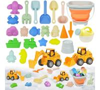 Adiwo Beach Sand Toys Set, 25 PCS Foldable Bucket and Spade Beach with 2 Construction Vehicles, Animal Molds, Sprinkler and Rake, Summer Outdoor, Camping, Water, and Sand Toys for Kids