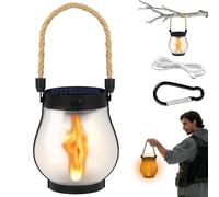 Adiwo Solar Flame Hemp Rope Lantern, 1 Pack Waterproof Hanging Solar Lanterns with Carabiner, 1500 mAh, USB Dual Charging Modes, Realistic Flickering Flame for Garden Ornaments, Balconies, Yard Decor