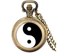 ADJAN Black and White Tai Chi Snap Button Quartz Pocket Watch Yin Yang Jewelry Steampunk Medium Size Necklace Chain Collectibles Gifts,Retro Bronze