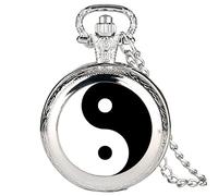 ADJAN Black and White Tai Chi Snap Button Quartz Pocket Watch Yin Yang Jewelry Steampunk Medium Size Necklace Chain Collectibles Gifts,Fashion Silver