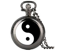 ADJAN Black and White Tai Chi Snap Button Quartz Pocket Watch Yin Yang Jewelry Steampunk Medium Size Necklace Chain Collectibles Gifts,Classic Black