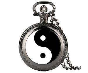 ADJAN Black and White Tai Chi Snap Button Quartz Pocket Watch Yin Yang Jewelry Steampunk Medium Size Necklace Chain Collectibles Gifts,Classic Black