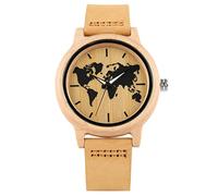 ADJAN Carving World Map Wooden Watch Men Women Fashion Bamboo Wood Watches Handmade WristwatchLeather Band Quartz Bangle,Yellow Watch